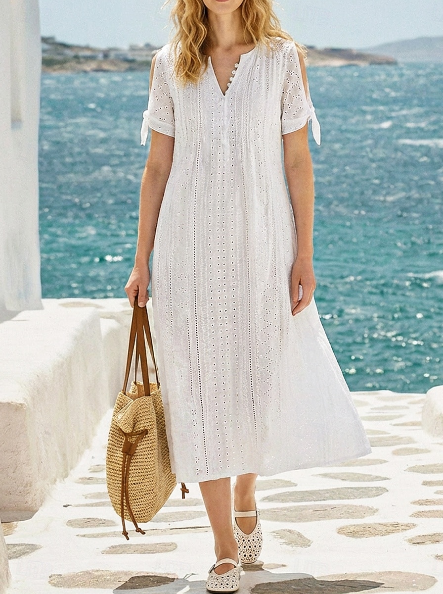 Women's Midi Dress White Dress Eyelet Dress Fashion Modern Beach Vacation Holiday Regular Fit Floral Short Sleeve V Neck Blue Black White Light Green Summer Spring 2026 - $22.99 –P1
