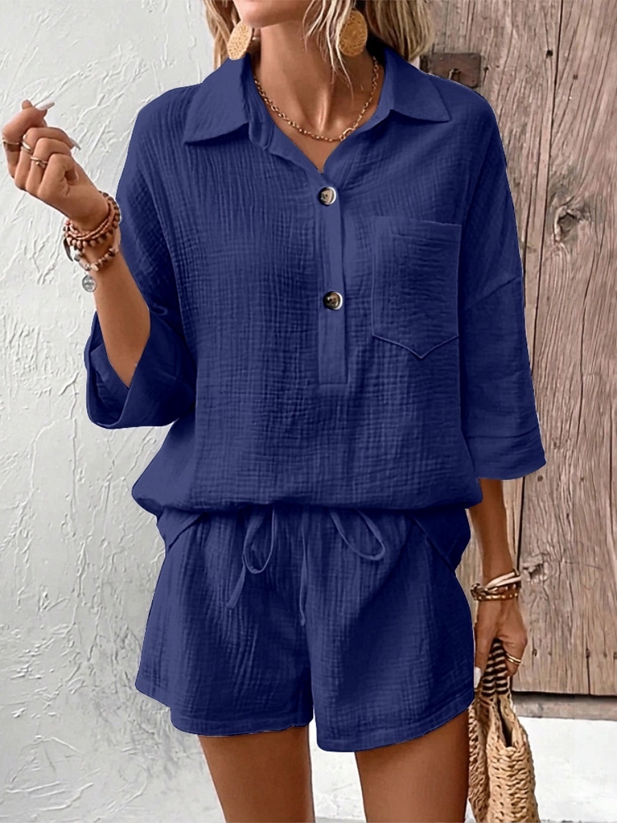 Women's Two Piece Sets Cotton Shirt Shorts Sets Long Sleeve Shirt Collar Plain Fashion Streetwear Casual Daily Outdoor Black White Navy Blue Summer Regular Fit 2026 - $31.99 –P19
