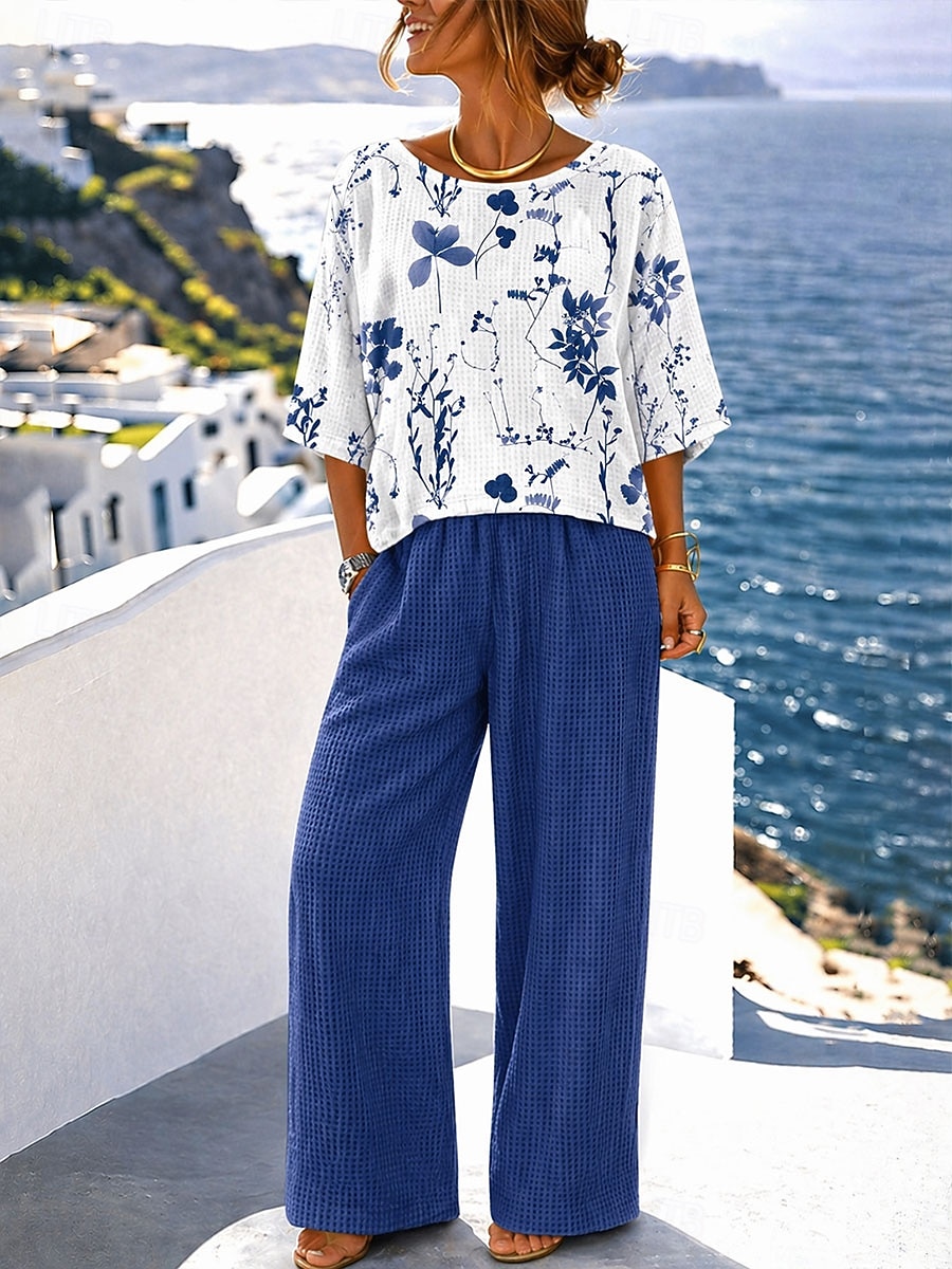Women's Pants Sets Half Sleeve Round Neck Floral Graphic Print Fashion Streetwear Casual Daily Outdoor Blue Purple Green Spring & Summer Loose Fit 2026 - $37.99 –P5