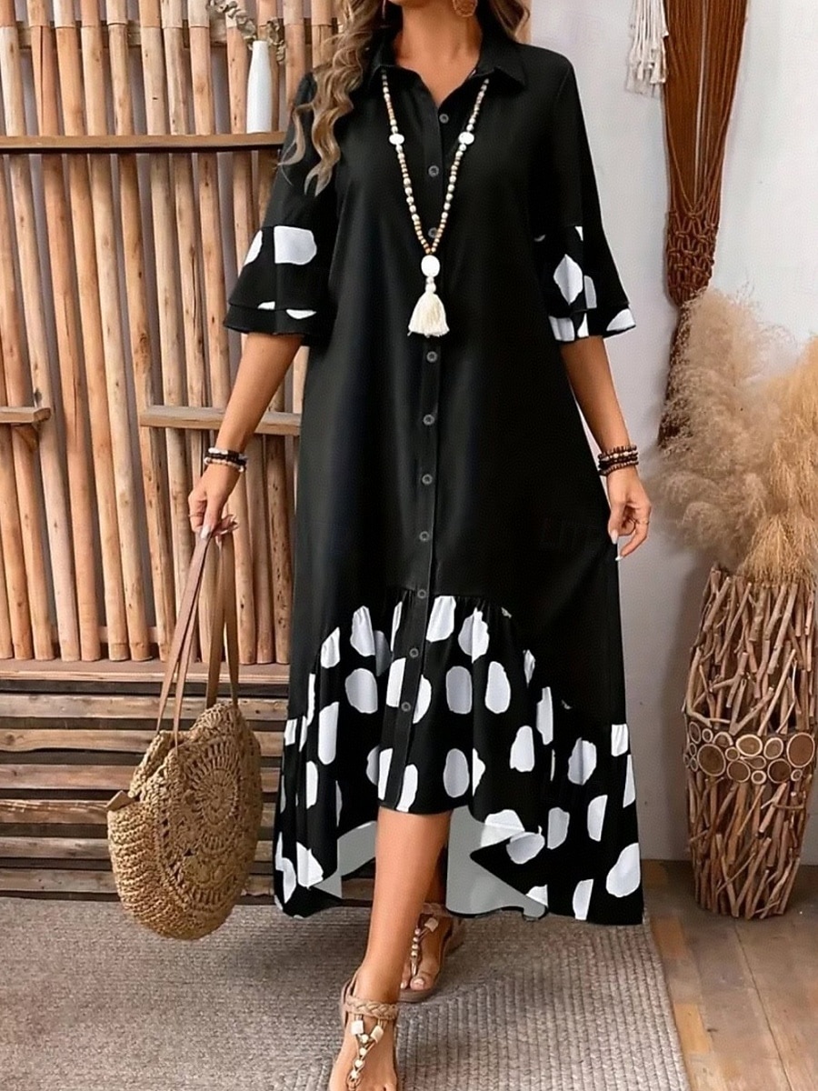Women's Midi Dress A Line Dress Summer Dress Casual Daily Loose Fit Graphic Geometric 3/4 Length Sleeve Lapel Black Green Gray Summer 2026 - $44.99 –P6