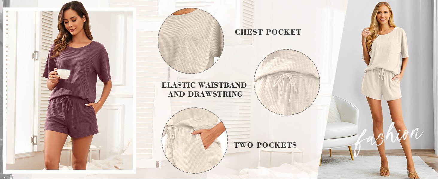 Pajamas Set for Women Waffle Knit Lounge Set 2 Piece Outfits Loungewear Sweatsuit