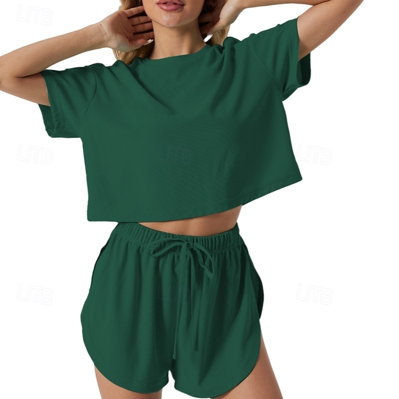 Women's Two Piece Sets Shorts Sets Short Sleeve Crew Neck Solid Color Fashion Streetwear Casual Daily Outdoor Light Green Pink Green Summer Regular Fit 2026 - $28.99 –P5