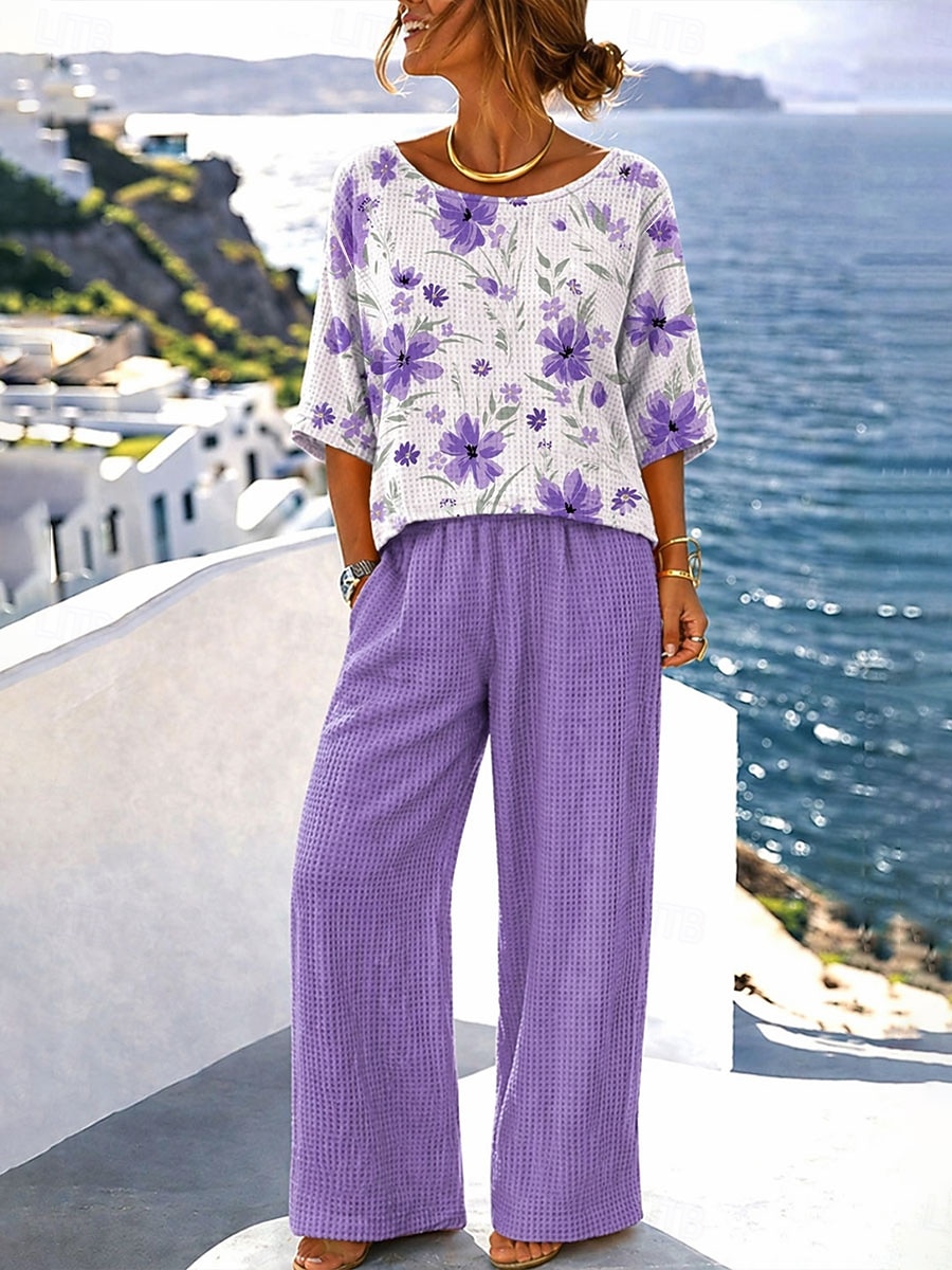 Women's Pants Sets Half Sleeve Round Neck Floral Graphic Print Fashion Streetwear Casual Daily Outdoor Blue Purple Green Spring & Summer Loose Fit 2026 - $37.99 –P1
