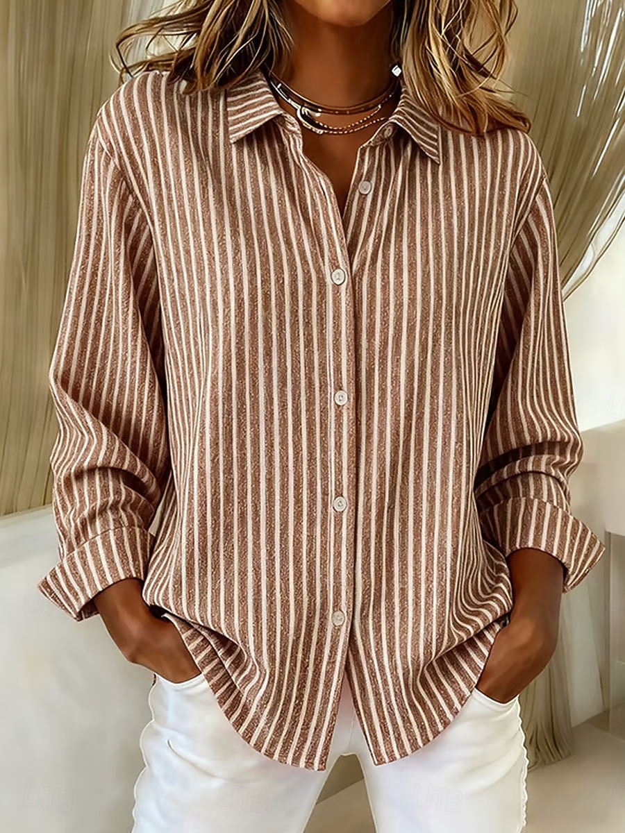 Women's Casual Shirt Button Up Shirt Blouse Print Striped Elegant Vacation Vintage Long Sleeve Turndown Regular Tops Outdoor Work Blue Green Khaki Gray Spring Fall Winter 2026 - $36.99 –P3