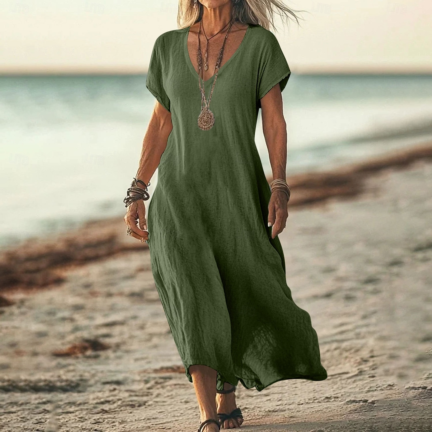 Women's Midi Dress Sundress Summer Dress Casual Daily Holiday Beach Regular Fit Linen Like Plain Short Sleeve V Neck White Pink Blue Green Summer 2026 - $26.99 –P6