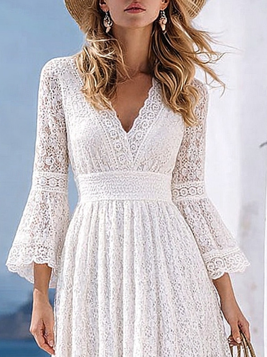 Women's Maxi Dress White Lace Dress A Line Dress Casual Outdoor Going out Standard Fit Solid Color Long Sleeve V Neck White Summer Spring Fall 2026 - $29.99 –P4