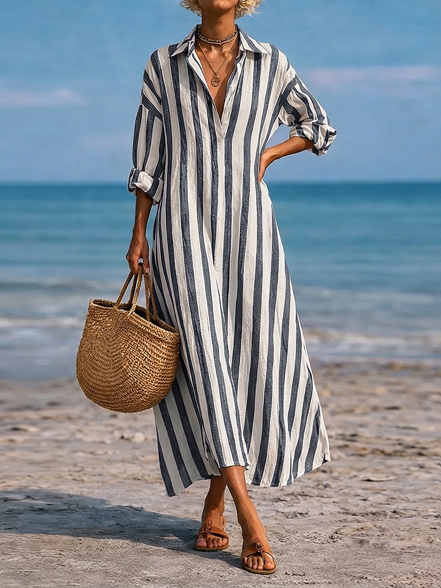 Women's Maxi long Dress Faux Cotton Linen Dress Shirt Dress Casual Dress Fashion Modern Daily Vacation Going out Loose Fit Striped Long Sleeve V Neck Blue Black Pink Red Spring Fall 2026 - $29.99 –P5
