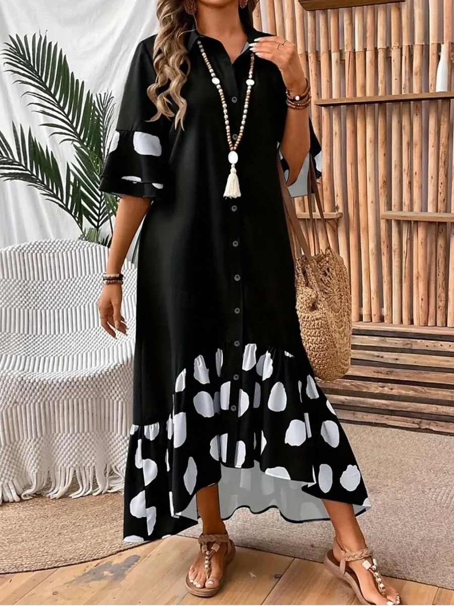 Women's Midi Dress A Line Dress Summer Dress Casual Daily Loose Fit Graphic Geometric 3/4 Length Sleeve Lapel Black Green Gray Summer 2026 - $44.99 –P7