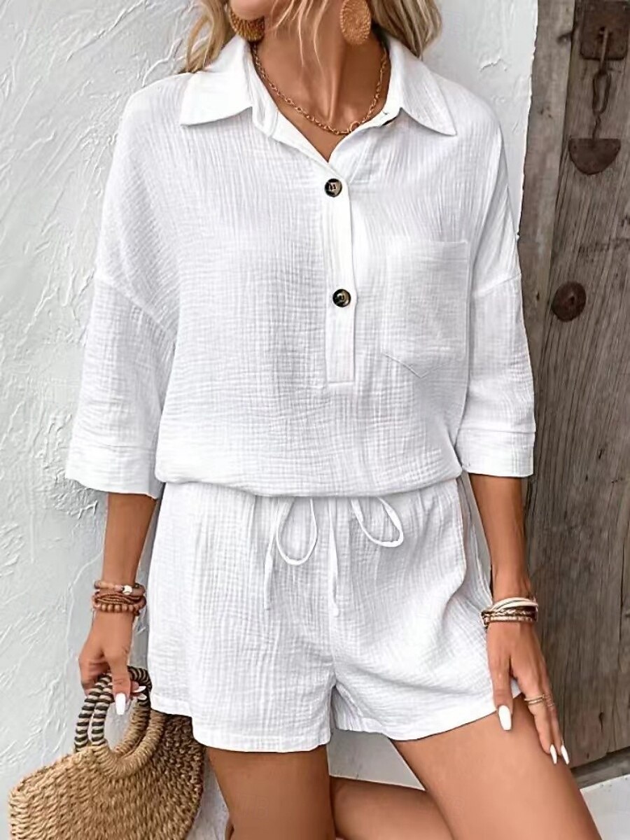 Women's Two Piece Sets Cotton Shirt Shorts Sets Long Sleeve Shirt Collar Plain Fashion Streetwear Casual Daily Outdoor Black White Navy Blue Summer Regular Fit 2026 - $31.99 –P3