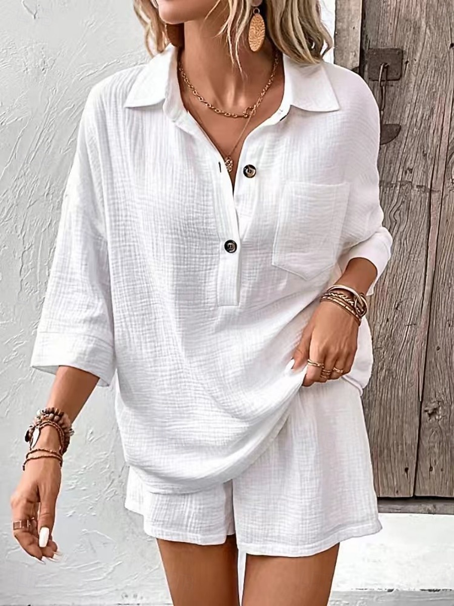 Women's Two Piece Sets Cotton Shirt Shorts Sets Long Sleeve Shirt Collar Plain Fashion Streetwear Casual Daily Outdoor Black White Navy Blue Summer Regular Fit 2026 - $31.99 –P2