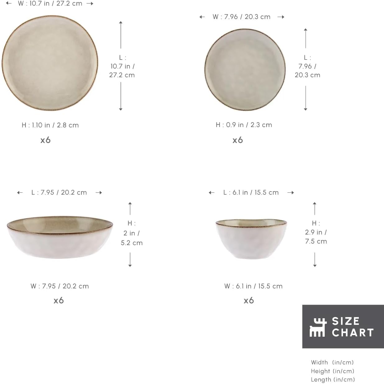 Aria Reactive Stoneware Plates & Bowls Sets - Ceramic Dinnerware Sets for 6, 24 Piece Microwave Safe Dish Set incl. Dinner Plate Set with Pasta Bowls, Side Plates and Cereal Bowl - Beige