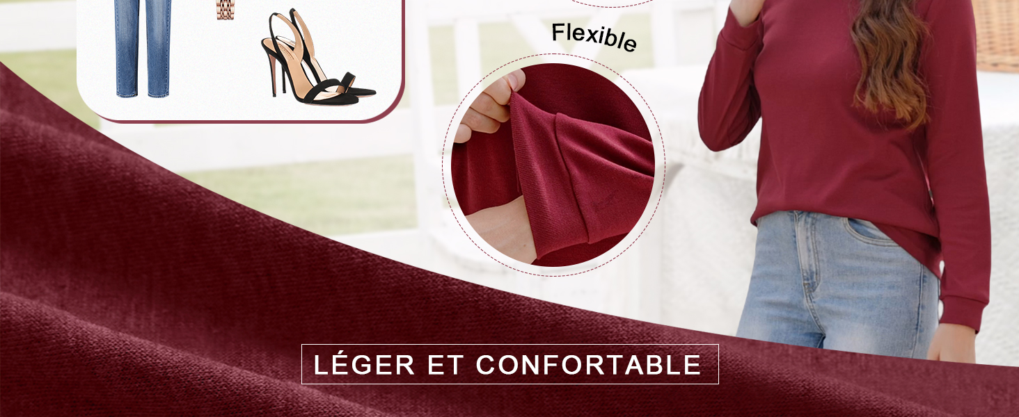 Text reads 'LÉGER ET CONFORTABLE'. Product layout showing burgundy fabric texture, denim, and footwear details.