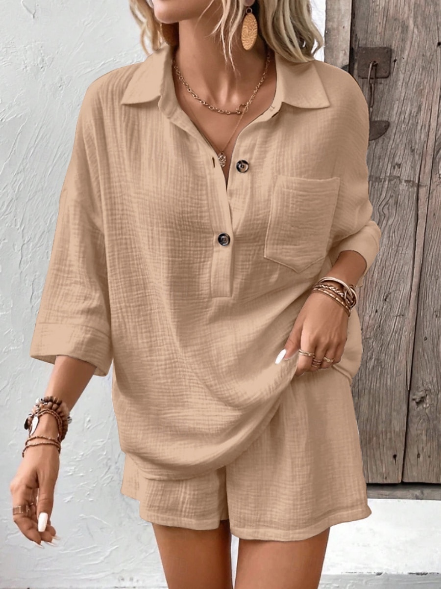 Women's Two Piece Sets Cotton Shirt Shorts Sets Long Sleeve Shirt Collar Plain Fashion Streetwear Casual Daily Outdoor Black White Navy Blue Summer Regular Fit 2026 - $31.99 –P17