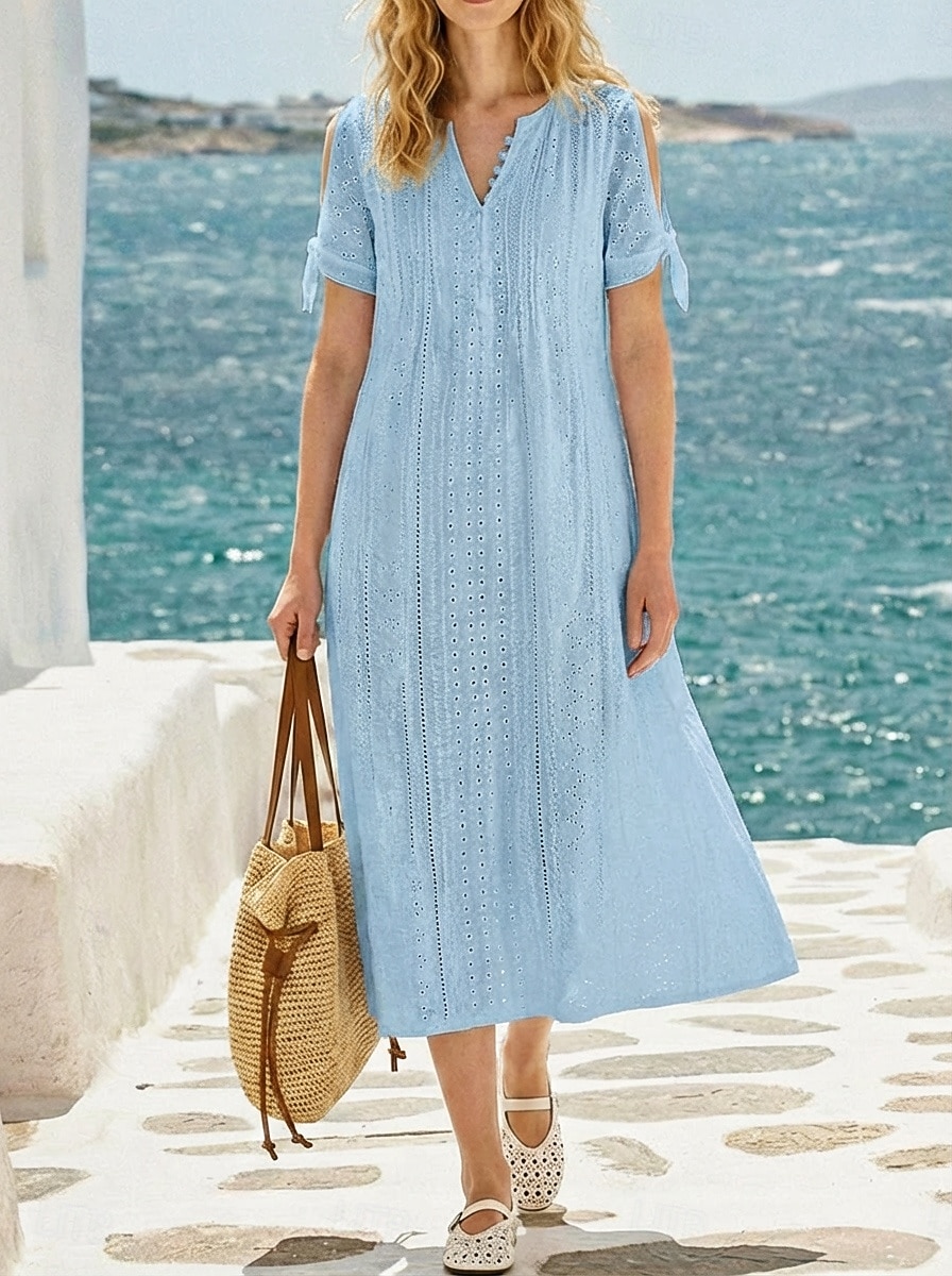 Women's Midi Dress White Dress Eyelet Dress Fashion Modern Beach Vacation Holiday Regular Fit Floral Short Sleeve V Neck Blue Black White Light Green Summer Spring 2026 - $22.99 –P3