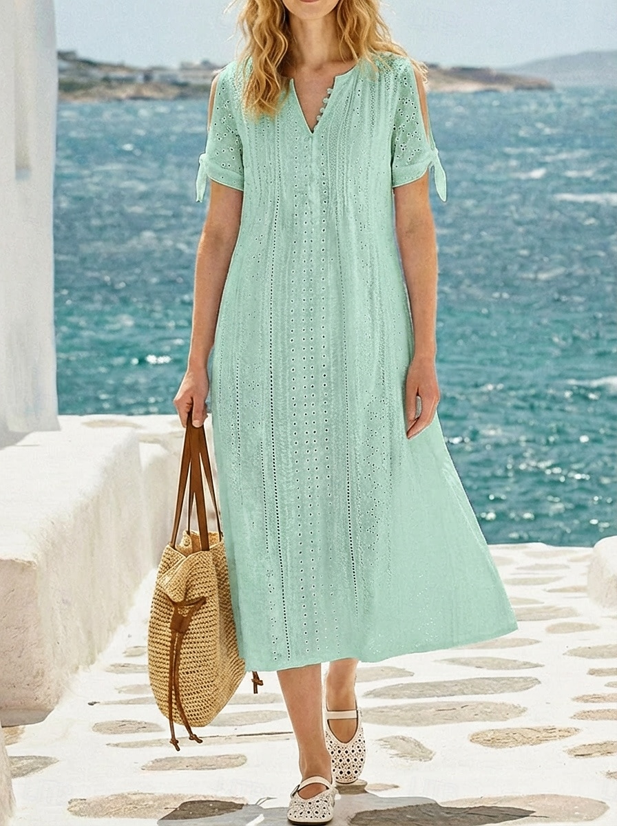 Women's Midi Dress White Dress Eyelet Dress Fashion Modern Beach Vacation Holiday Regular Fit Floral Short Sleeve V Neck Blue Black White Light Green Summer Spring 2026 - $22.99 –P4