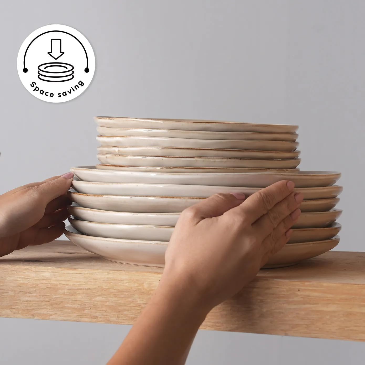 Aria Reactive Stoneware Plates & Bowls Sets - Ceramic Dinnerware Sets for 6, 24 Piece Microwave Safe Dish Set incl. Dinner Plate Set with Pasta Bowls, Side Plates and Cereal Bowl - Beige