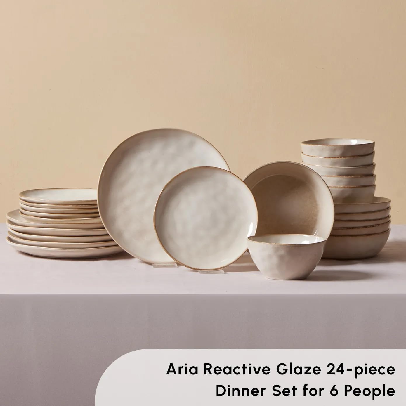 Aria Reactive Stoneware Plates & Bowls Sets - Ceramic Dinnerware Sets for 6, 24 Piece Microwave Safe Dish Set incl. Dinner Plate Set with Pasta Bowls, Side Plates and Cereal Bowl - Beige
