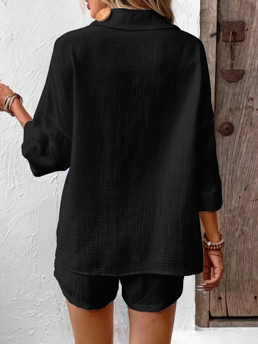 Women's Two Piece Sets Cotton Shirt Shorts Sets Long Sleeve Shirt Collar Plain Fashion Streetwear Casual Daily Outdoor Black White Navy Blue Summer Regular Fit 2026 - $31.99 –P15