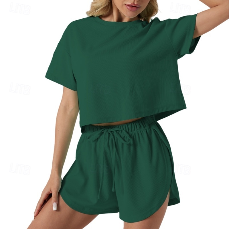Women's Two Piece Sets Shorts Sets Short Sleeve Crew Neck Solid Color Fashion Streetwear Casual Daily Outdoor Light Green Pink Green Summer Regular Fit 2026 - $28.99 –P7