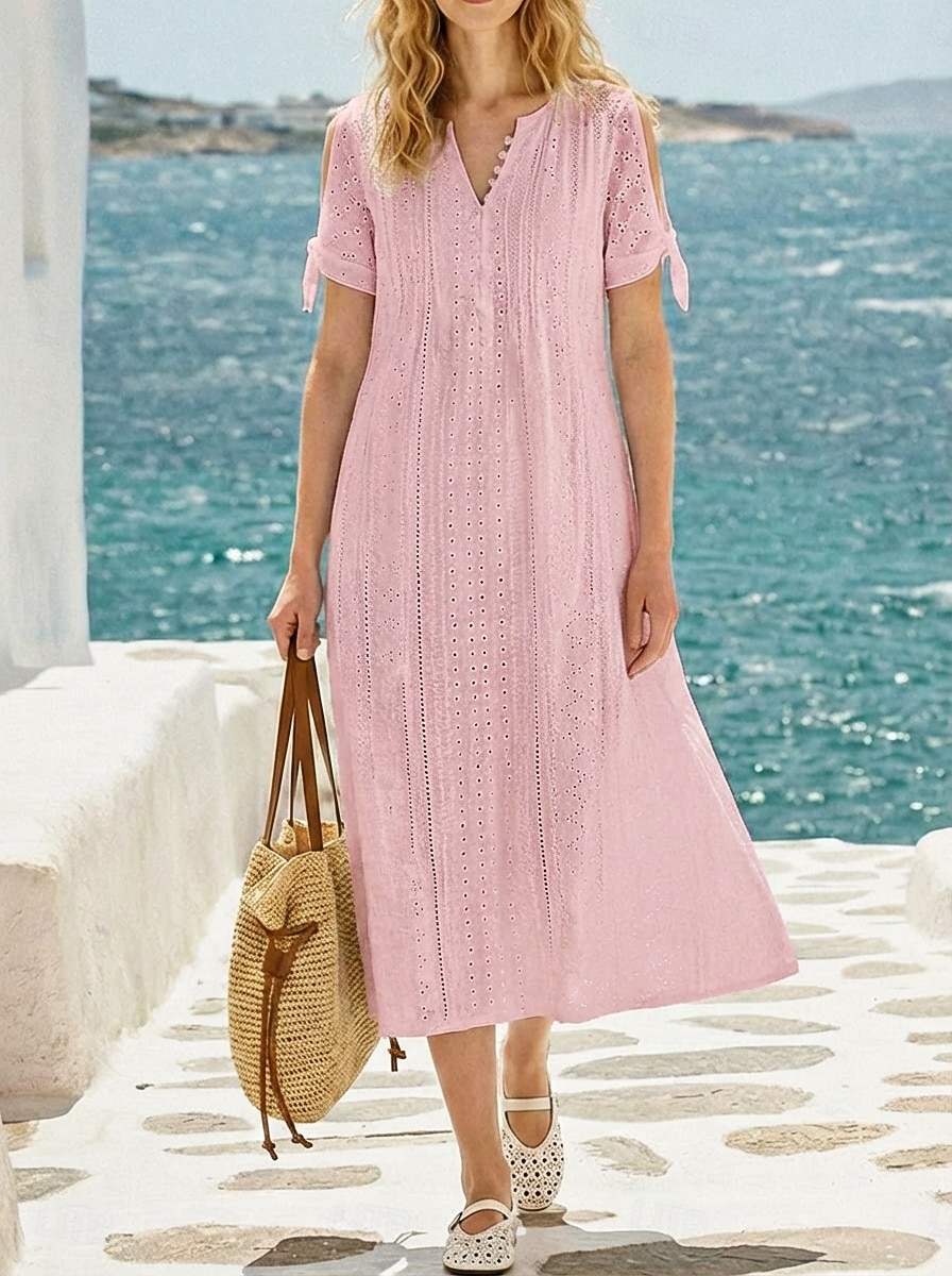 Women's Midi Dress White Dress Eyelet Dress Fashion Modern Beach Vacation Holiday Regular Fit Floral Short Sleeve V Neck Blue Black White Light Green Summer Spring 2026 - $22.99 –P5