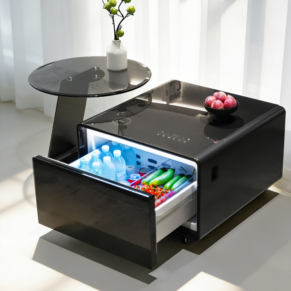 Smart Refrigerator Coffee Table with Dual Fridge, Wireless Charger & Bluetooth Speaker