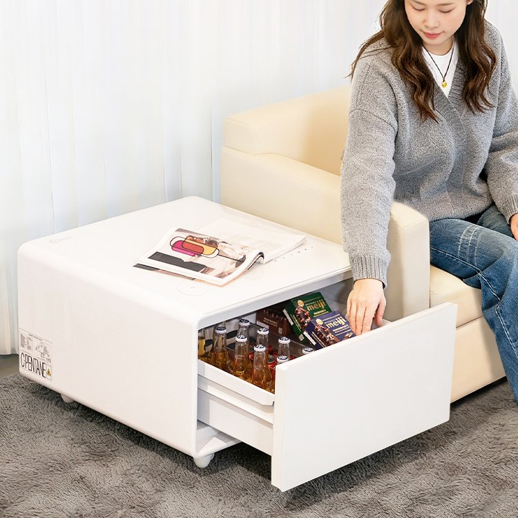 Smart Refrigerator Coffee Table with Dual Fridge, Wireless Charger & Bluetooth Speaker