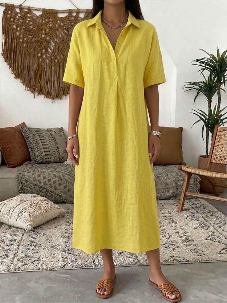 Women's Midi Dress Cotton Linen Like Shirt Dress A Line Dress Casual Daily Loose Fit Plain Short Sleeve Lapel Blue Black Yellow Pink Summer Spring Fall 2026 - $33.99 –P6