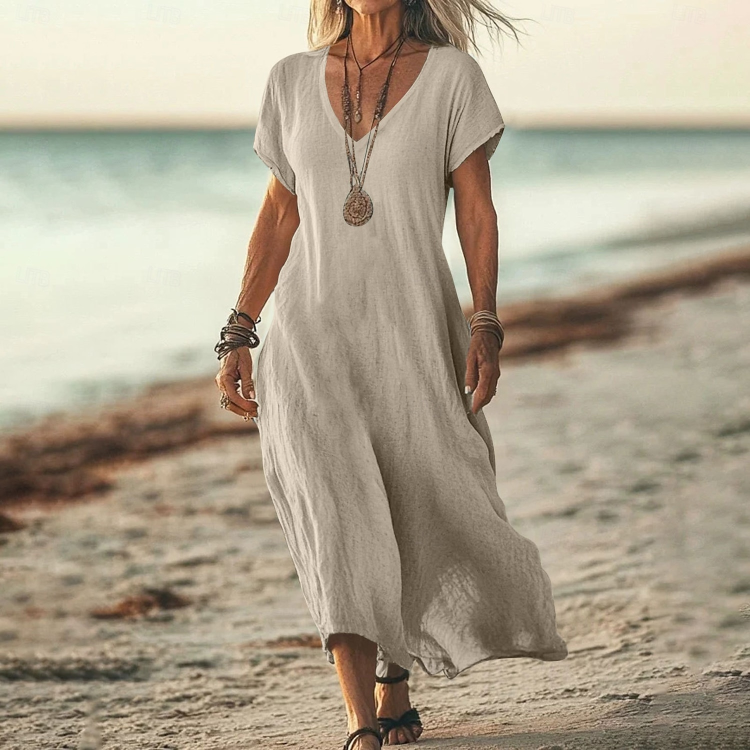 Women's Midi Dress Sundress Summer Dress Casual Daily Holiday Beach Regular Fit Linen Like Plain Short Sleeve V Neck White Pink Blue Green Summer 2026 - $26.99 –P5