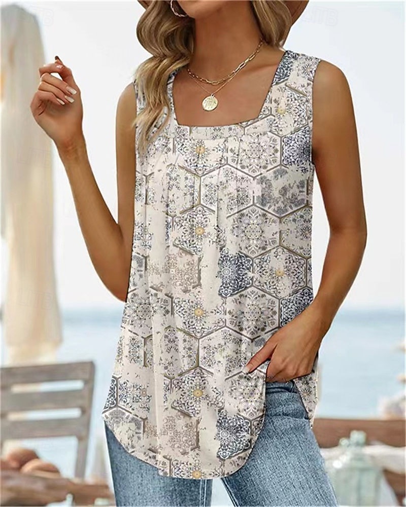 Women's Shirt T Shirt Patchwork Print Solid Color Floral Graphic Elegant Stylish Classic Sleeveless U Neck Regular Tops Daily Going out Weekend Black White Red Sky Blue Dusty Blue Summer Spring 2026 - $6.49 –P3
