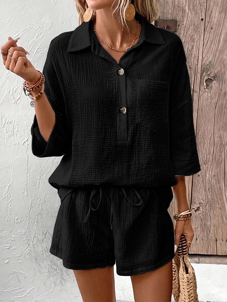 Women's Two Piece Sets Cotton Shirt Shorts Sets Long Sleeve Shirt Collar Plain Fashion Streetwear Casual Daily Outdoor Black White Navy Blue Summer Regular Fit 2026 - $31.99 –P13