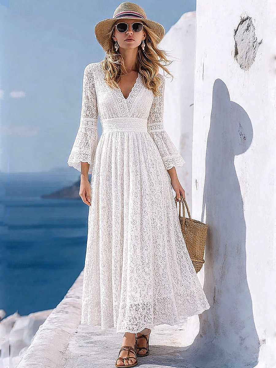 Women's Maxi Dress White Lace Dress A Line Dress Casual Outdoor Going out Standard Fit Solid Color Long Sleeve V Neck White Summer Spring Fall 2026 - $29.99 –P1