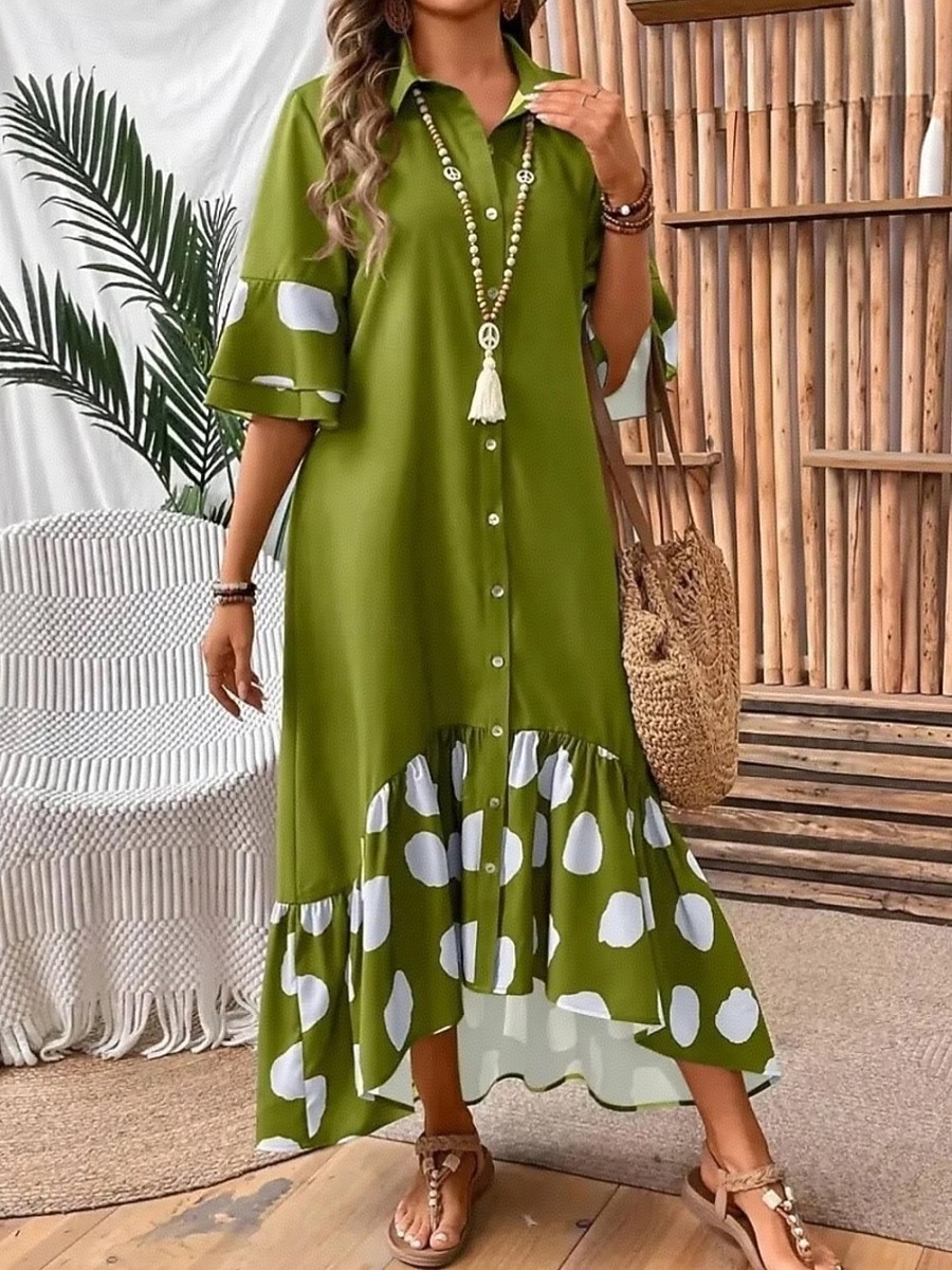 Women's Midi Dress A Line Dress Summer Dress Casual Daily Loose Fit Graphic Geometric 3/4 Length Sleeve Lapel Black Green Gray Summer 2026 - $44.99 –P2