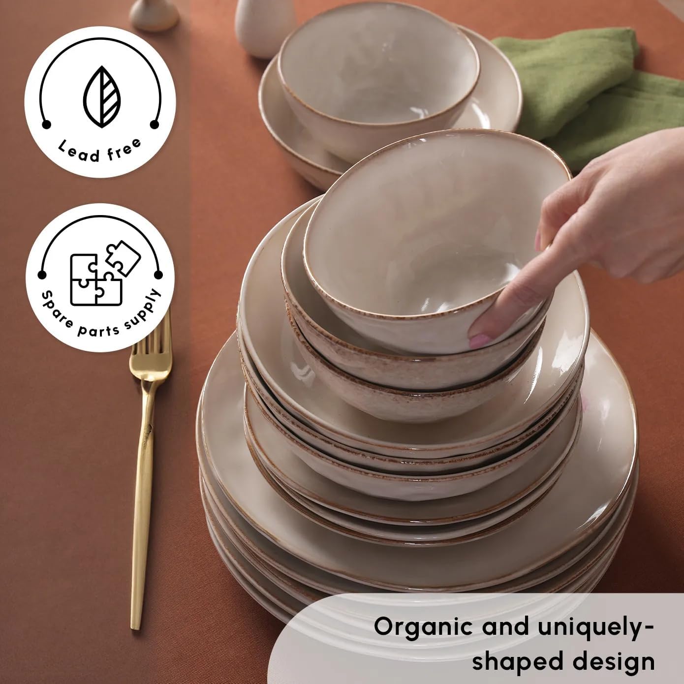 Aria Reactive Stoneware Plates & Bowls Sets - Ceramic Dinnerware Sets for 6, 24 Piece Microwave Safe Dish Set incl. Dinner Plate Set with Pasta Bowls, Side Plates and Cereal Bowl - Beige