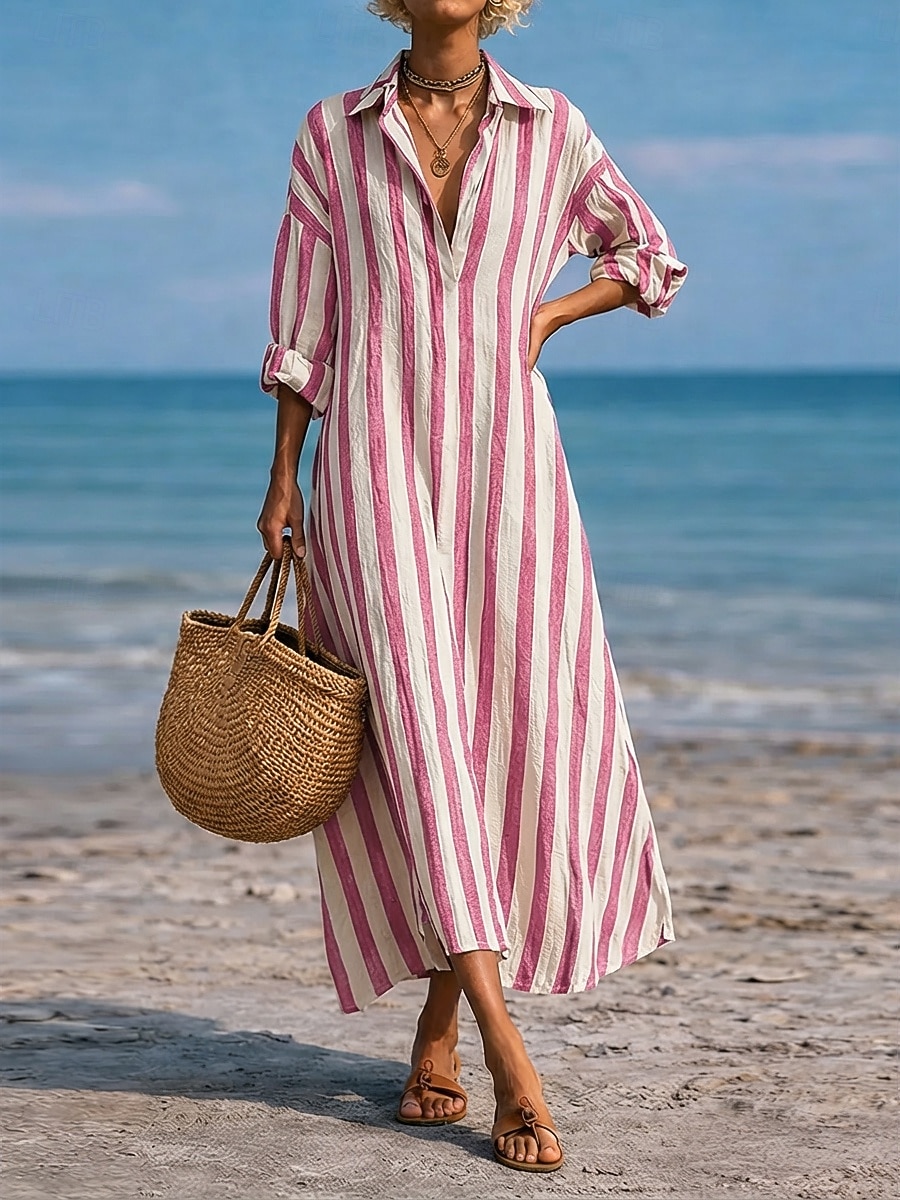 Women's Maxi long Dress Faux Cotton Linen Dress Shirt Dress Casual Dress Fashion Modern Daily Vacation Going out Loose Fit Striped Long Sleeve V Neck Blue Black Pink Red Spring Fall 2026 - $29.99 –P9