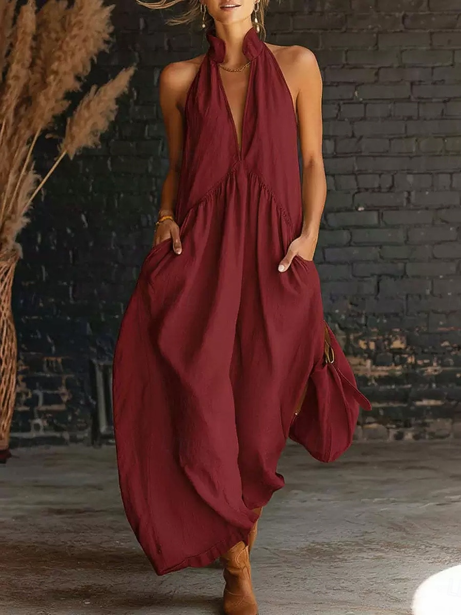 Women's Maxi Dress A Line Dress Off The Shoulder Dress Vacation Casual Outdoor Going out Loose Fit Solid Color Graphic Sleeveless V Neck Blue claret Black Beige Summer Spring 2026 - $32.99 –P2