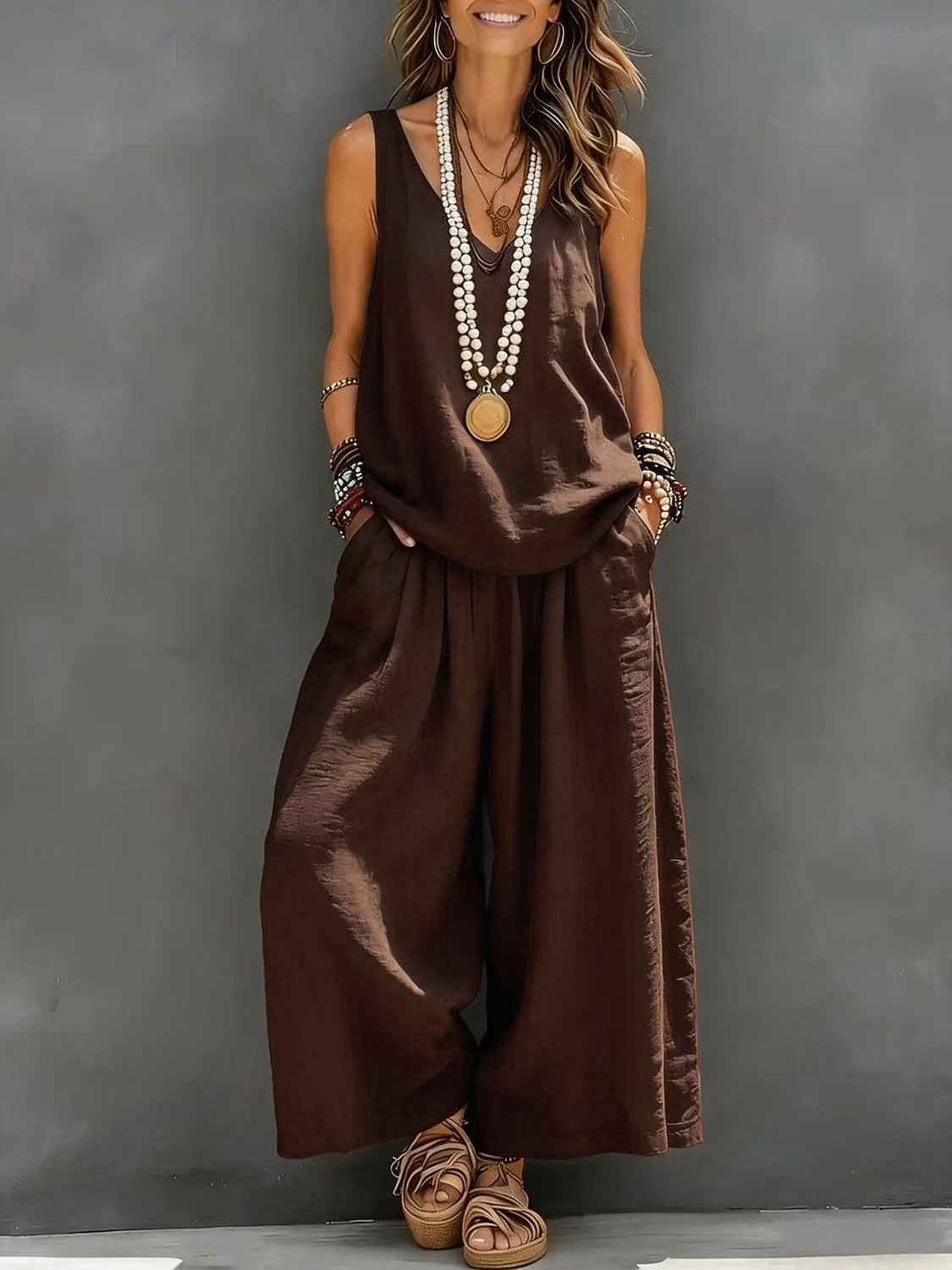 Women's Pants Sets Faux Cotton Linen Sleeveless V Neck Solid Color Elegant Fashion Streetwear Casual Daily Outdoor Blue White Brown Summer Regular Fit 2026 - $39.99 –P5