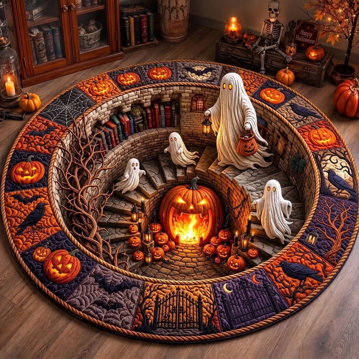 🔥Last Day - 60% OFF🔥3D Haunted Staircase Round Rug – Spooky Halloween Optical Illusion 👻