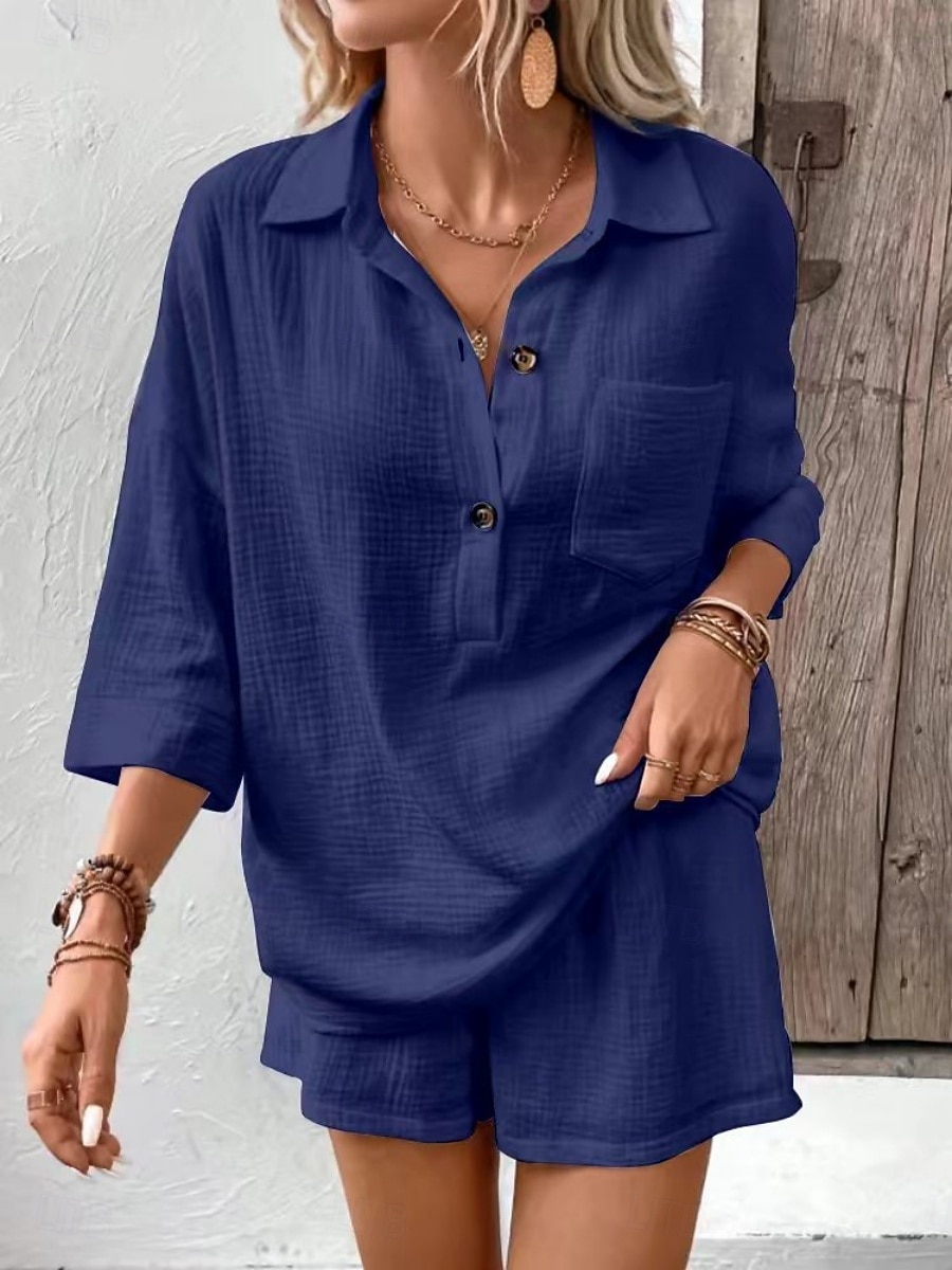 Women's Two Piece Sets Cotton Shirt Shorts Sets Long Sleeve Shirt Collar Plain Fashion Streetwear Casual Daily Outdoor Black White Navy Blue Summer Regular Fit 2026 - $31.99 –P20
