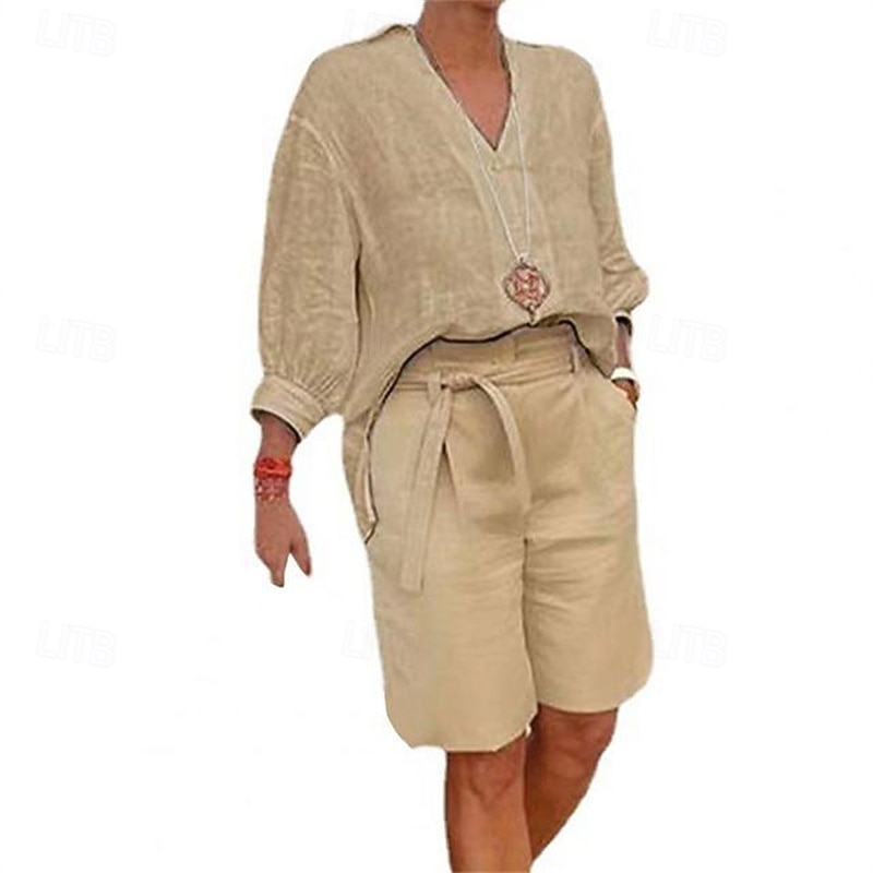 Women's 100%cotton Shirt Cotton Linen Sets Two Piece Sets Beach Shorts Half Sleeve V Neck Solid Color Drawstring Fashion Streetwear Daily Wear Date Blue Dark Pink Khaki Summer Regular Fit 2026 - $29.99 –P4