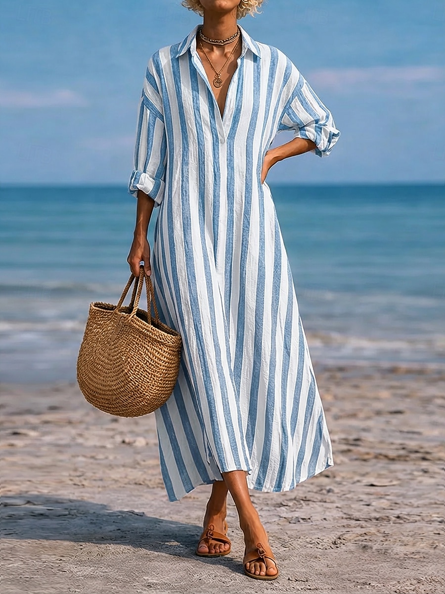 Women's Maxi long Dress Faux Cotton Linen Dress Shirt Dress Casual Dress Fashion Modern Daily Vacation Going out Loose Fit Striped Long Sleeve V Neck Blue Black Pink Red Spring Fall 2026 - $29.99 –P8
