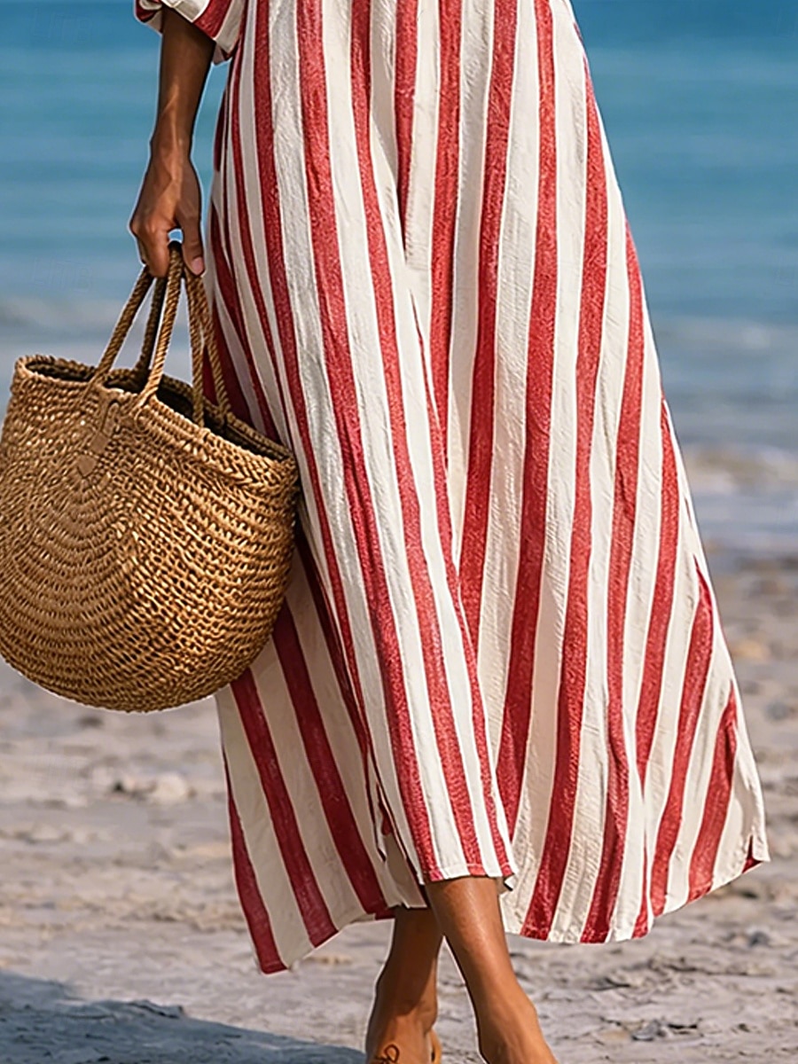 Women's Maxi long Dress Faux Cotton Linen Dress Shirt Dress Casual Dress Fashion Modern Daily Vacation Going out Loose Fit Striped Long Sleeve V Neck Blue Black Pink Red Spring Fall 2026 - $29.99 –P4
