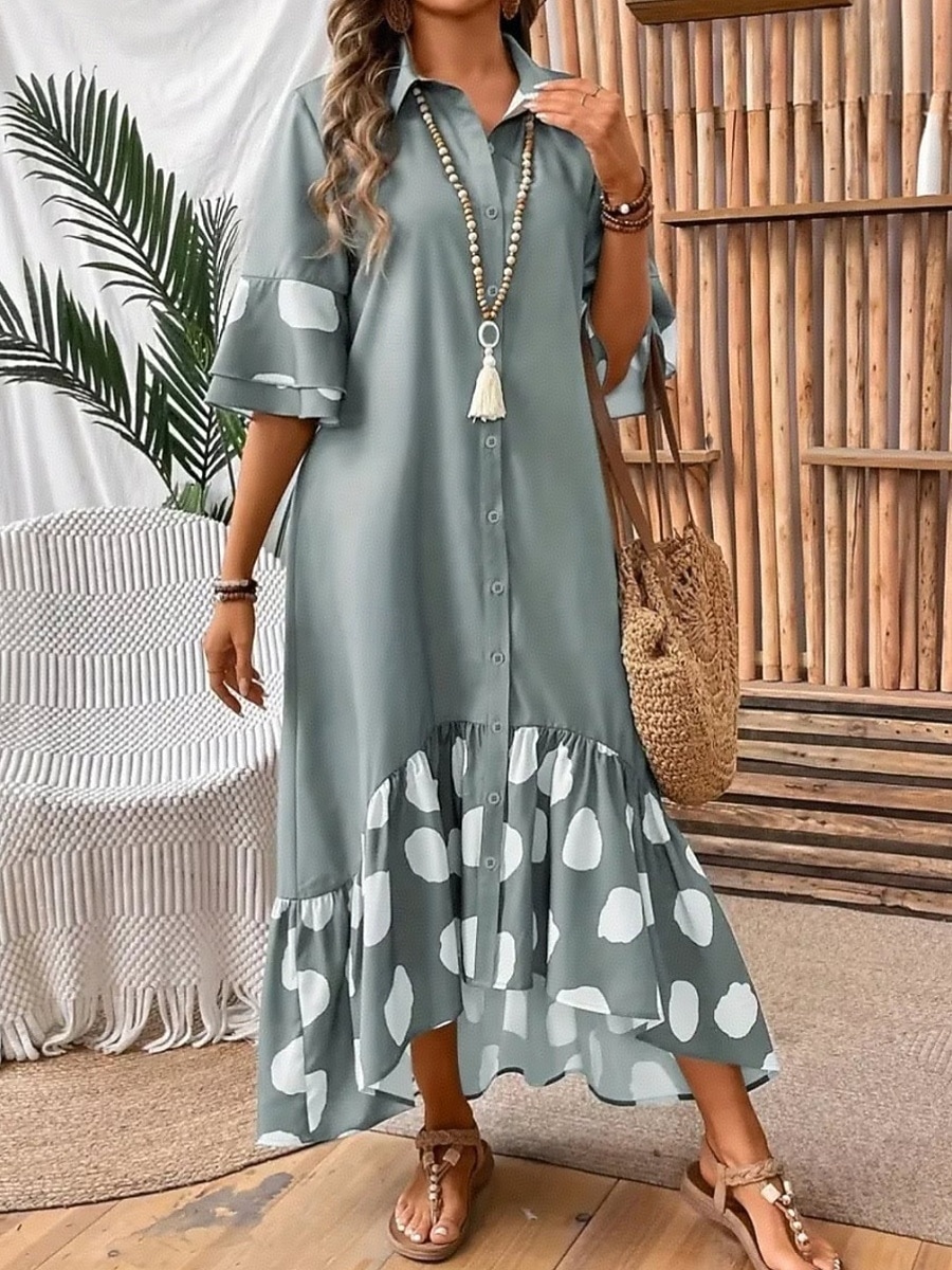 Women's Midi Dress A Line Dress Summer Dress Casual Daily Loose Fit Graphic Geometric 3/4 Length Sleeve Lapel Black Green Gray Summer 2026 - $44.99 –P5