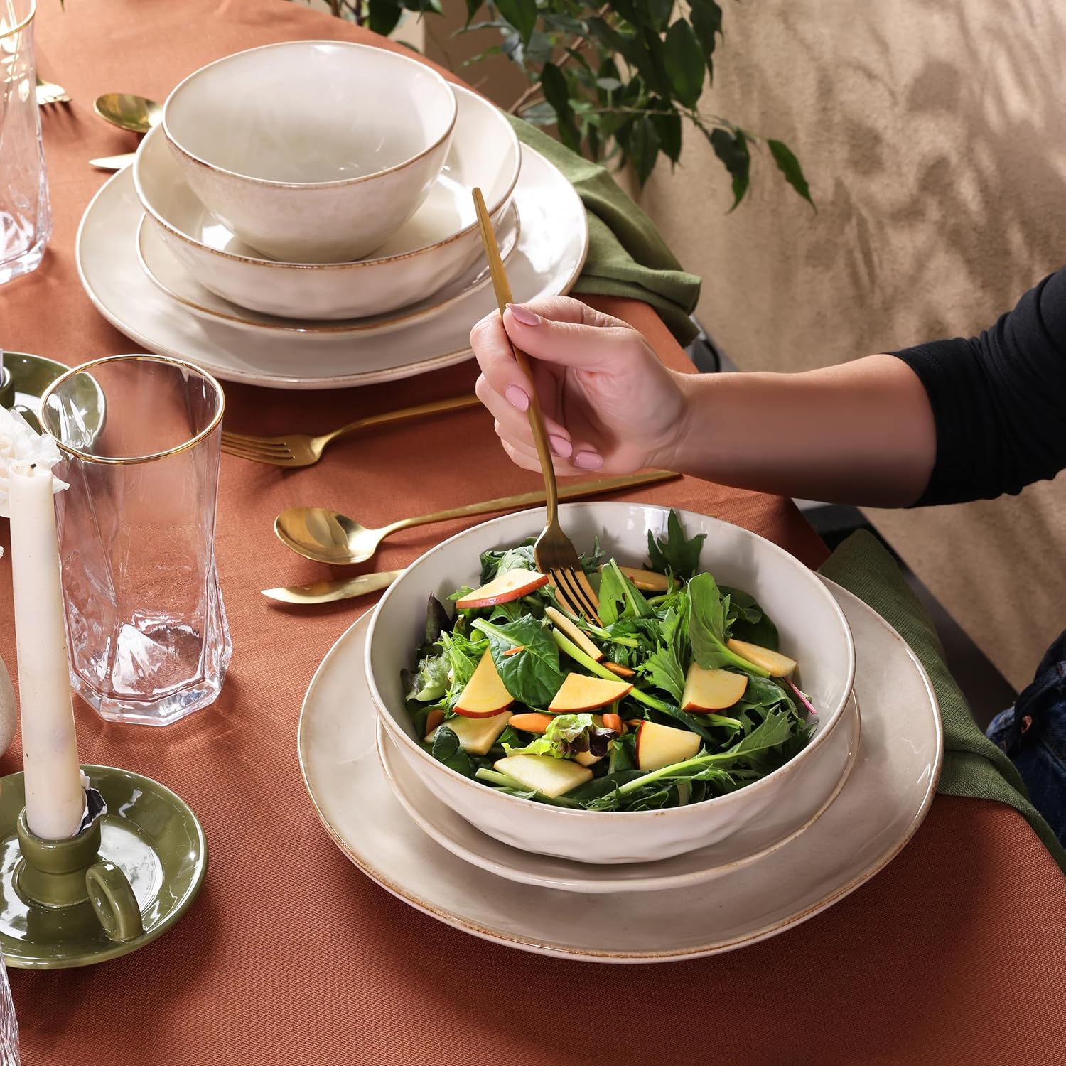 Aria Reactive Stoneware Plates & Bowls Sets - Ceramic Dinnerware Sets for 6, 24 Piece Microwave Safe Dish Set incl. Dinner Plate Set with Pasta Bowls, Side Plates and Cereal Bowl - Beige