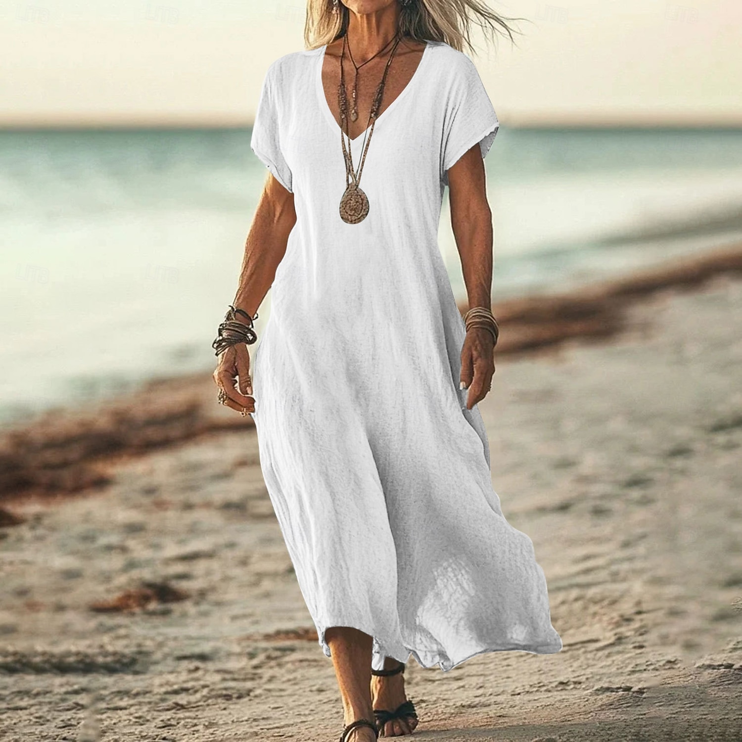 Women's Midi Dress Sundress Summer Dress Casual Daily Holiday Beach Regular Fit Linen Like Plain Short Sleeve V Neck White Pink Blue Green Summer 2026 - $26.99 –P4