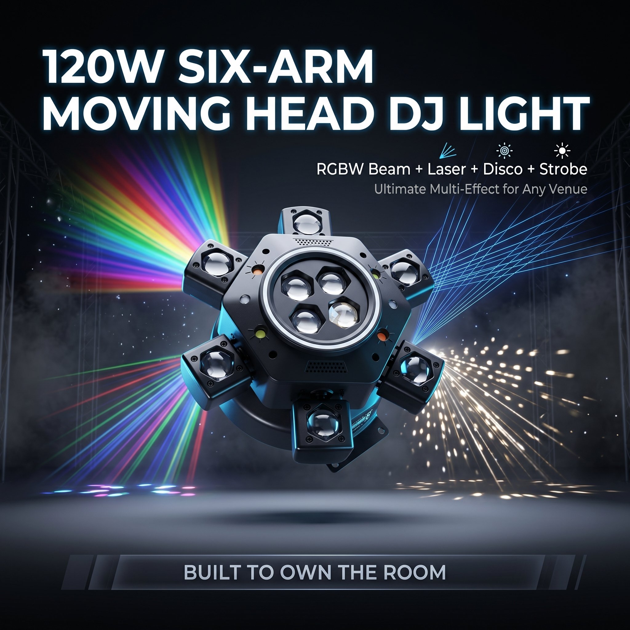 🌈120W 6-Arm DJ Moving Head Light RGBW Beam Laser Disco Strobe 4-in-1 Stage Light for Wedding Bar Party Concert 🎉