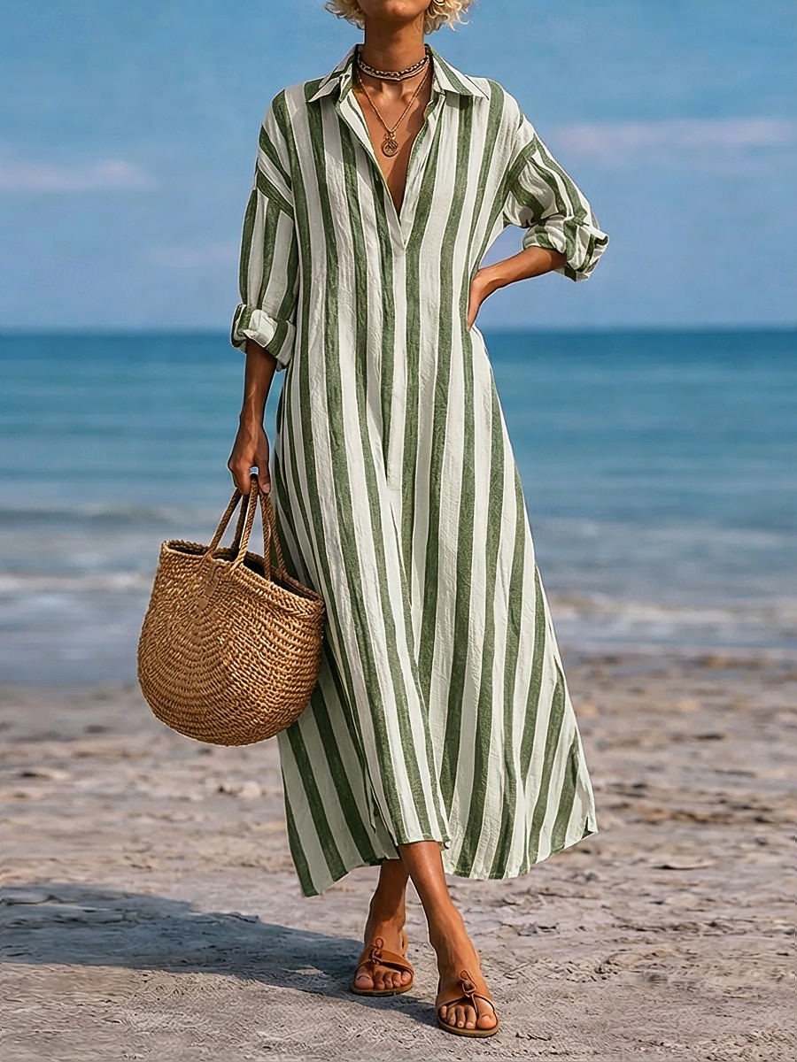 Women's Maxi long Dress Faux Cotton Linen Dress Shirt Dress Casual Dress Fashion Modern Daily Vacation Going out Loose Fit Striped Long Sleeve V Neck Blue Black Pink Red Spring Fall 2026 - $29.99 –P6