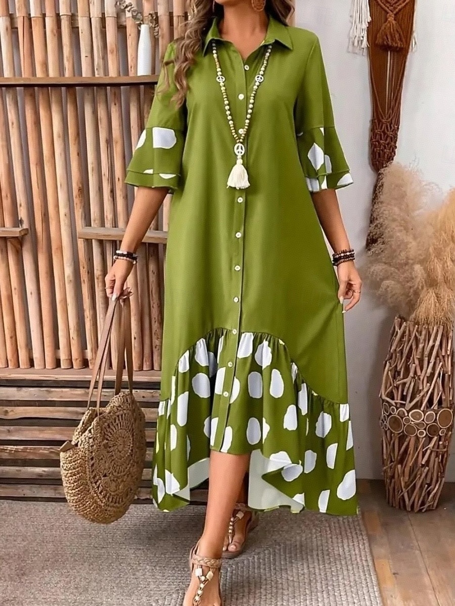 Women's Midi Dress A Line Dress Summer Dress Casual Daily Loose Fit Graphic Geometric 3/4 Length Sleeve Lapel Black Green Gray Summer 2026 - $44.99 –P3