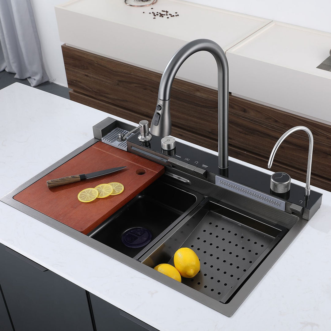 Admqx Elegant Waterfall Kitchen Sink Faucet with Digital Temperature Display & LED Lighting