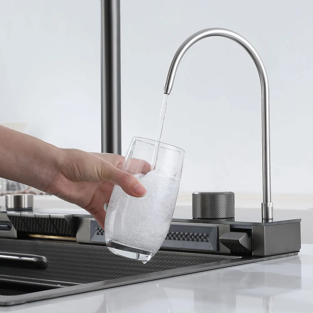Admqx Elegant Waterfall Kitchen Sink Faucet with Digital Temperature Display & LED Lighting