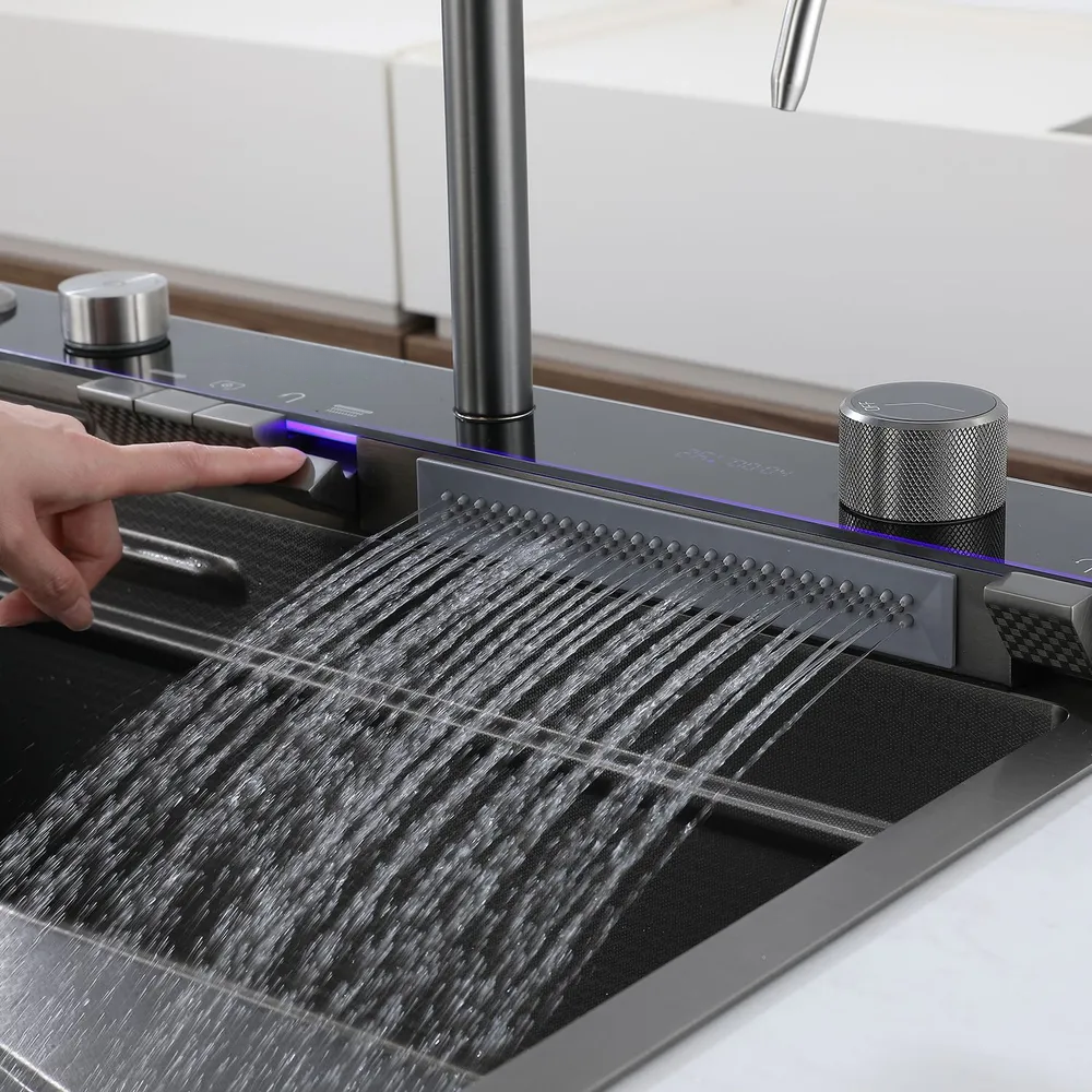 Admqx Elegant Waterfall Kitchen Sink Faucet with Digital Temperature Display & LED Lighting